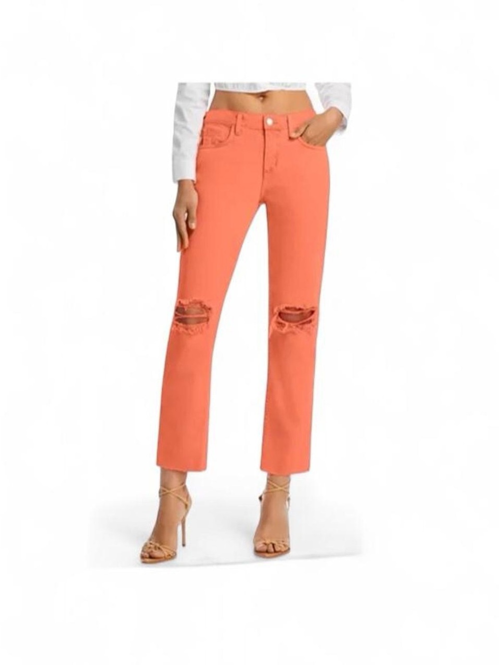L'Agence low rise Milans shocking orange ripped  jeans #ripped #straightleg